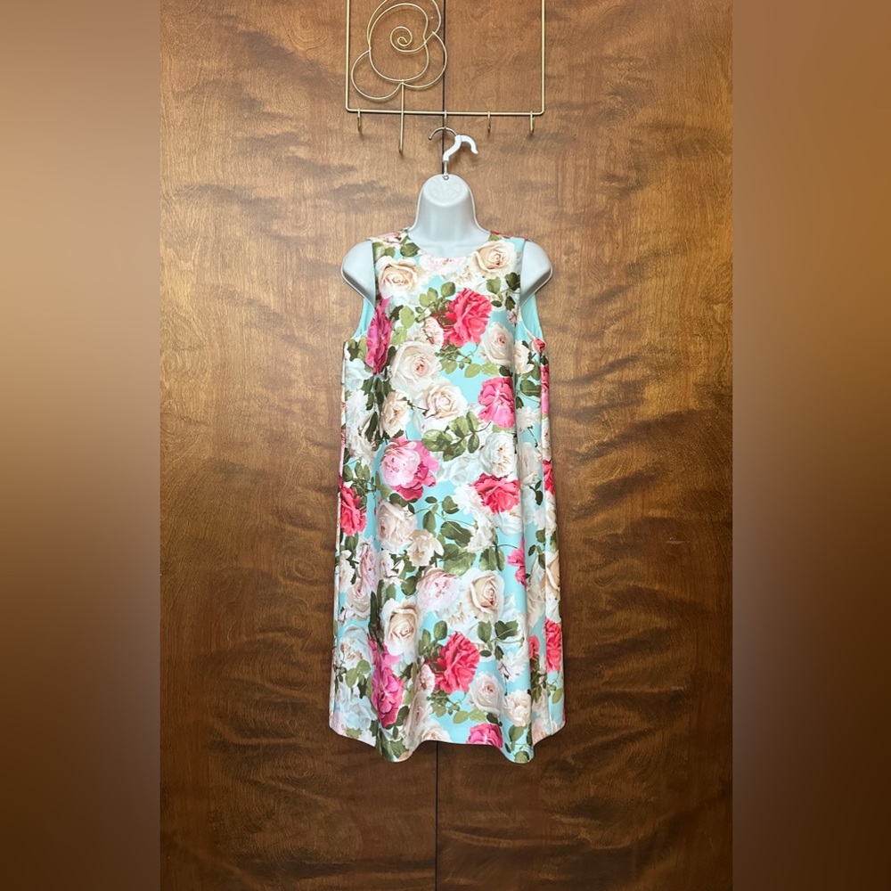Anne Klein Sleeveless Scuba Shift Dress Womens 8 Blue Floral Print Lined Wedding